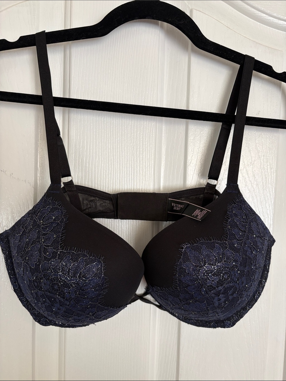 Victoria's Secret Black & Navy Lace Push-Up Bra with Embellished Cups